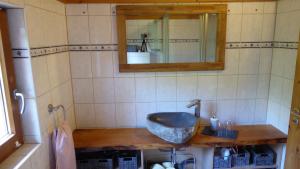 a bathroom with a sink and a mirror at Blockhuus Thüle in Garrel +13 photos