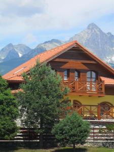una gran casa de madera con montañas en el fondo en Penzión Country, en Stará Lesná