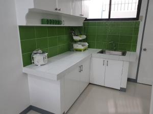 ブトゥアンにあるDiodeth's Holiday Apartmentsの白いキャビネットとシンクを備えた緑と白のキッチン