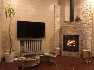 a living room with a fireplace and a flat screen tv at DAUGAVPILS in Daugavpils