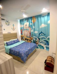 a bedroom with a bed and a wall with a mural at LEGOLAND - 1-8 Pax Lego themed house with Superhero, Pirates & Forest at Puteri Harbour in Johor Bahru