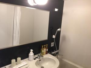 a bathroom with a sink and a large mirror at HOTEL MYSTAYS Kamata in Tokyo