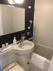 a bathroom with a sink and a toilet and a mirror at HOTEL MYSTAYS Kamata in Tokyo