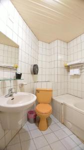 嘉義市的住宿－義興旅館，浴室配有卫生间、盥洗盆和浴缸。