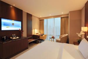 ein Hotelzimmer mit einem Bett und einem Flachbild-TV in der Unterkunft Grand Vista Hanoi in Hanoi