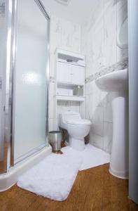 a bathroom with a toilet and a sink and a shower at A and FayeBed and Breakfast, Inc, in Brooklyn