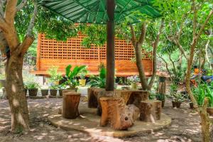 a picnic table under an umbrella in a garden at Golden Rainbow Guest House in Dambulla