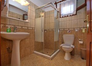y baño con ducha, aseo y lavamanos. en Agnantema Villas, en Aghios Petros Alonissos