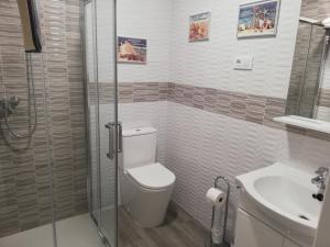 Un baño con inodoro, lavabo y ducha. en Apartamentos SEOANE, en Finisterre