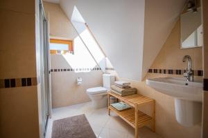 コシチェリスコにあるVilla z widokiem na Giewontのバスルーム(洗面台、トイレ、窓付)