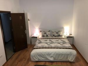 a bedroom with a large bed with two night stands at Poppys Apartment in Arad
