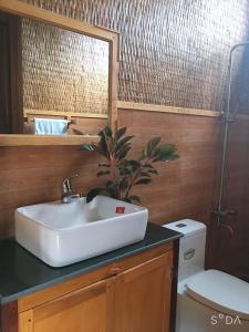 een badkamer met een wastafel, een toilet en een spiegel bij MEKONG NATURE LODGE in Vĩnh Long