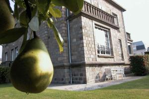a large green fruit hanging from a tree in front of a building at La Granitiere Maison de Charme in Saint-Vaast-la-Hougue