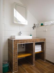 a bathroom with a sink and a mirror at Lehdsche Heubuchten in Lehde