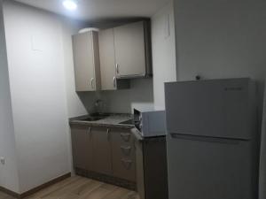 a small kitchen with a refrigerator and cabinets at Casa Javi y Carmen 2 Iz in Coto Ríos