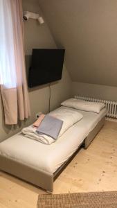 Bett in einem Zimmer mit einem TV an der Wand in der Unterkunft Lütt Reethuus in Fehmarn