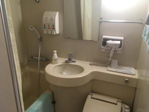 a bathroom with a sink and a toilet and a mirror at Olympic Inn Azabu in Tokyo