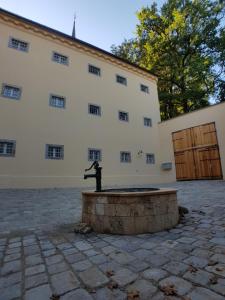 ein Gebäude mit einem Brunnen davor in der Unterkunft Stadthotel - Das alte Gefängnis in Braunau am Inn