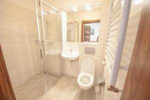 a bathroom with a toilet and a sink and a shower at Pomorze Ustka in Ustka +48 photos