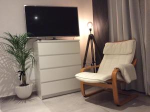 uma sala de estar com uma cadeira e uma televisão numa cómoda em Studio tout neuf. Court séjour, loisirs, professionnel em Chaudfontaine