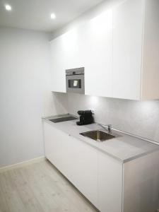 cocina blanca con fregadero y microondas en Apartamento con encanto, en Madrid
