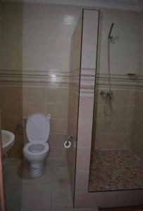 a bathroom with a toilet and a glass shower at HOTEL MENABE in Morondava