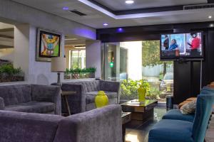 a living room with couches and a flat screen tv at Los Alpes Santa Teresa in Asunción