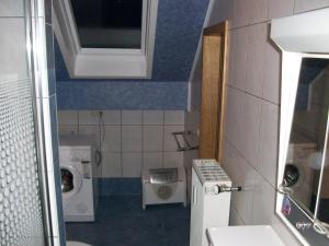 a small bathroom with a sink and a washing machine at Eifel Lodge in Butgenbach