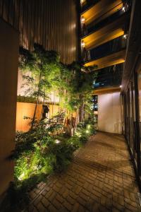 Hotel Patio Dogo في ماتسوياما: ممر به نباتات وأضواء في مبنى