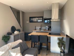 a kitchen and living room with a couch and a table at ANNEXE du LAC in Le Bourget-du-Lac
