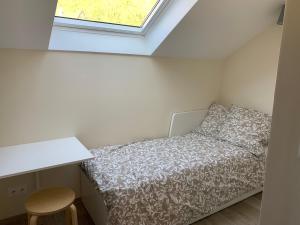 a small bedroom with a bed and a window at ANNEXE du LAC in Le Bourget-du-Lac