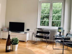 una sala de estar con TV y una botella de vino en Gasp’art, en Colmar