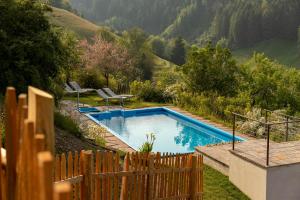 a swimming pool in a garden with a wooden fence at Villa Messner in Funes