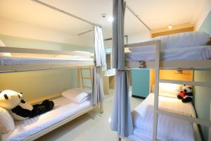 two bunk beds in a room with two panda bears at Lucky panda Hotel in Chiang Mai