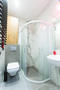a bathroom with a shower stall and a toilet at Luxury in the Heart of the Old Town in Krakow