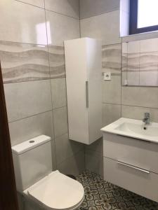 a bathroom with a white toilet and a sink at OPORTO APARTMENT LUXURY in Porto
