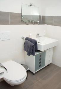 La salle de bains blanche est pourvue de toilettes et d'un lavabo. dans l'établissement Ferienwohnung Roderath, à Nettersheim