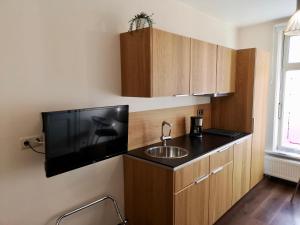 愛爾福特的住宿－Apartment Junger-Moritz，一间带水槽的小厨房和一台平面电视