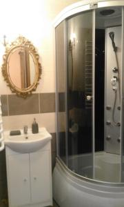 bagno con doccia, lavandino e specchio di Cztery Pory Roku a Uniejow