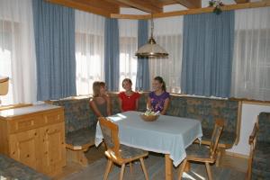 Haus Frandl في سانكت جاكوب إن ديفيريغن: ثلاث نساء يجلسن على طاولة في غرفة الطعام
