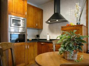 a kitchen with wooden cabinets and a table with a plant at Apartamentos Pistolo in Ochagavía