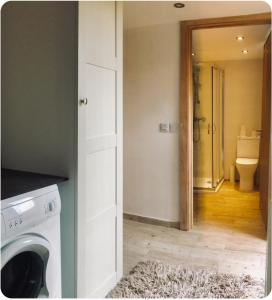 a laundry room with a washing machine and a bathroom at Oak Tree Studio in Marlow