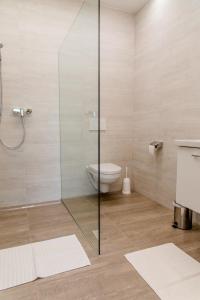 a bathroom with a glass shower and a toilet at Gasthof - Restaurant Bernthaler in Deutschfeistritz