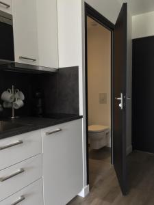 a kitchen with white cabinets and a toilet at Le Petit Lupin in Saint-Coulomb +23 photos
