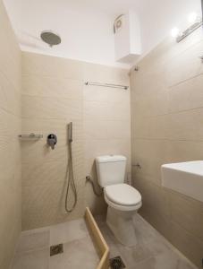 a bathroom with a shower and a toilet and a sink at Orpheas Rooms in Mikonos