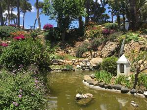 a garden with a pond with a bird house and flowers at Macdonald Leila Playa Resort in La Cala de Mijas
