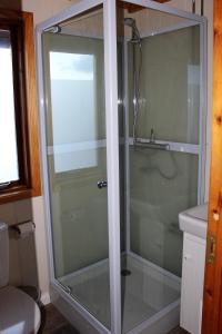 um chuveiro com uma porta de vidro na casa de banho em Hrísmóar em Reykholt
