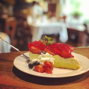 a piece of cake with fruit on a plate on a table at Restauracja Pensjonat Buda in Krosno