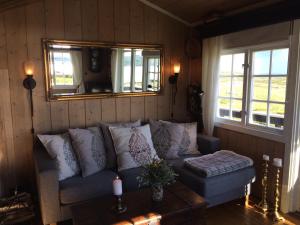 Kjøniksbu - 3 bedroom cabin في آل: غرفة معيشة مع أريكة ونوافذ