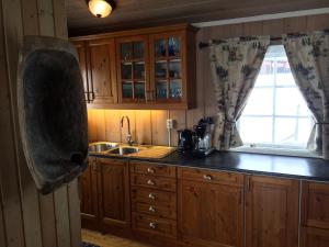 kuchnia z drewnianymi szafkami, umywalką i oknem w obiekcie Kjøniksbu - 3 bedroom cabin w mieście Al